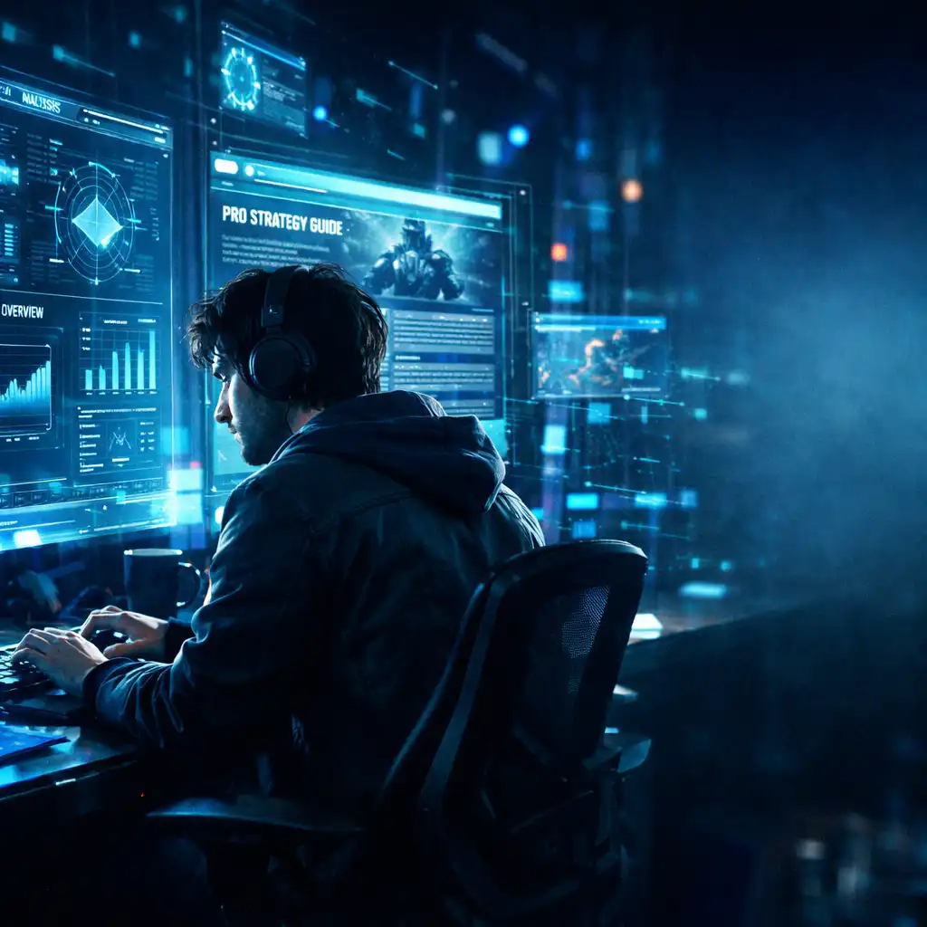 Cyberpunkowy analityk gier przy neonowych ekranach